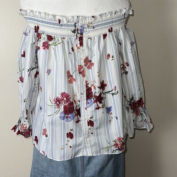 ZARA XS White Blue Vercial Stripe Floral Two Way Quarter Sl On Off Shoulder Top - Picture 6 of 10
